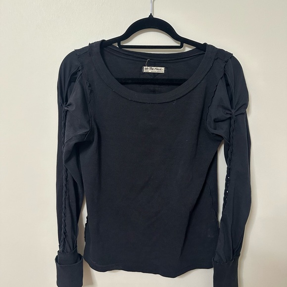 Free People We The Free Daisy Ribbed Braided Cotton Navy Long Sleeve Shirt - Picture 4 of 5